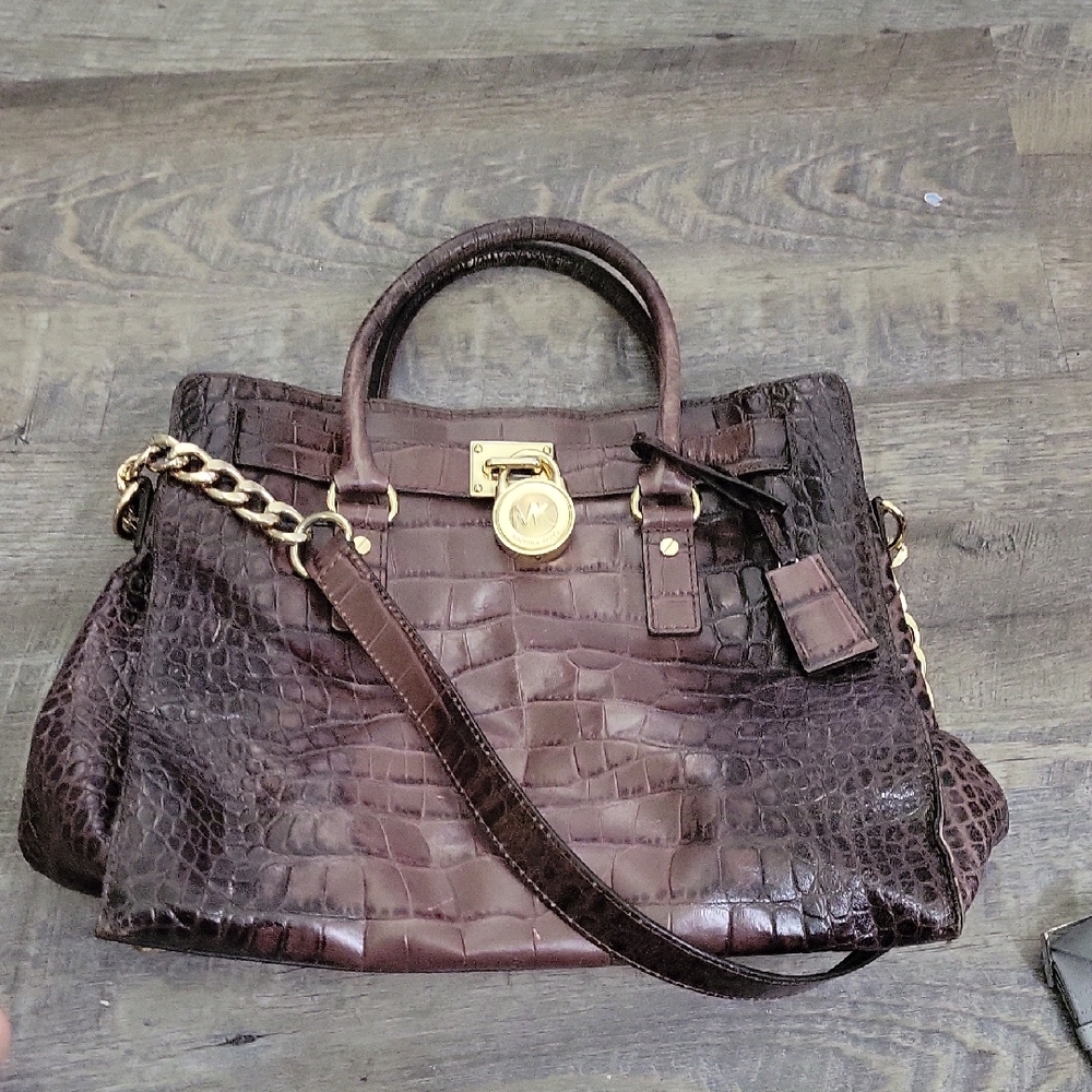 Michael Kors Hamilton Brown Crocodile Embossed Handbag